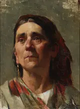 In 1891, Augusta Dohlmann painted this striking portrait of an Italian woman wearing a red headscarf and earrings. Her face is half in shadow and half illuminated. With her lips firmly closed and brow furrowed, she turns her gaze to the left.
