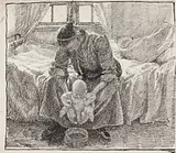 Fritz Syberg: Kunstnerens hustru, der holder sit barn frem, 1895. Pen og blæk på papir. Statens Museum for Kunst