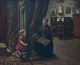 Emilie Mundt: Malerinde og barn i atelieret, 1893. Vardemuseerne.