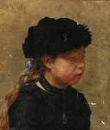 Johanne Krebs: 'Portræt af lille pige iført sort kjole og pelshat.' Ejer ubekendt. Kunstnerne skildrede ofte alvorlige, tænksomme kvinder, selv når der var tale om små piger.