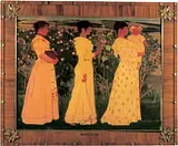 Harald Slott-Møller: Tre kvinder. Sommeraften, 1895. Den Hirschsprungske Samling. Fra højre kunstnerens hustru Agnes med datteren Lykke, kunstnerens svigerinde Agathe Rambusch og tjenestepigen Inger.