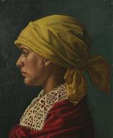 Sophie Holten: 'Ægypterinde med gult hovedtørklæde', 1880. Ejer ubekendt. Mange rejste ligesom deres mandlige kollegaer og fandt motiver, hvor de kom frem. Kvindelige modeller er tilsyneladende hyppige i deres billeder.