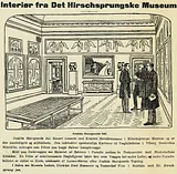 The newspaper Politiken ran this drawing on the occasion of the museum’s inauguration. Two of the main figures involved appear behind the museum: the future director, Emil Hannover, to the left, and the chairman of the board, A.P. Weiss. Oscar Hirschsprung stands in front of them.&nbsp;