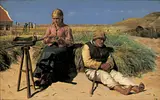 Skagenspigen Tine og den blinde mand Kristian sidder i det varme sand i Michael Anchers maleri fra 1880. Hullerne i tøjet og Kristians beskidte tæer vidner om den fattige lokalbefolknings barske livsvilkår.