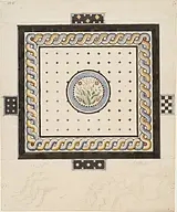 Joakim Skovgaard udsmykkede museets forhal. Her ses udkastet til gulvmosaikken med tobaksplanten i midten.&nbsp;