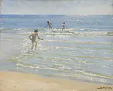 Displaying a keen sense for realism, Krøyer focuses on the brightly reflected light, the water and the vibrant energy of the boys in this 1892 open-air study from Skagen.