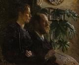 Viggo Johansen: Kunstnerens selvportræt med palet i hånden og hans hustru, Martha, ved sin side, 1898, Ribe Kunstmuseum
