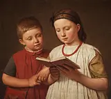 Christen Købke (1810-1848): To læsende børn. Kunstnerens søn Peter og søsterdatter Cecilie Feilberg, gift Gottlieb, 1845.