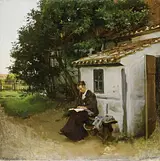 Viggo Johansen: Kunstnerens hustru uden for deres bolig i Skagen, 1880. Skagens Kunstmuseer