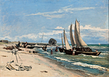 Martinus Rørbye: Der Strand von Skagen Vesterby. Ein Boot, das Torf entlädt. 1847. Öl auf Leinwand. Gemäldesammlung Nivaagaard