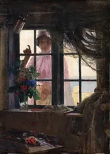 Carl Bloch: I badetimen. En ung pige banker på vinduet i et fiskerhus. 1884. Statens Museum for Kunst&nbsp;