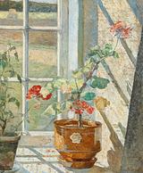 Foto: Olga Meisner-Jensen: Vindueskarm med pelargonie, uden år,Privateje. Foto: © Bruun Rasmussen Kunstauktioner – Part of the Bonhams Network
