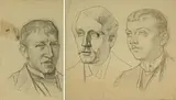 Johan Rohde created several charcoal and pencil portrait studies in preparation for his large-scale painting Three Portraits from 1892. The museum acquired the painting in 1970 and received the drawings in 2018. In Rohde’s group portrait of three fellow artists, we see the painters Ludvig Find, Gad Fr. Clement and Carl Frydensberg set against a mysterious, darkened space.