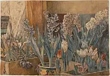 In Anna Sybergs Aquarell aus dem Jahr 1898 sprießen Frühlingsblumen aus den Töpfen. Syberg gehörte zur Künstlerkolonie der Fünen-Maler auf Fünen und spielte eine aktive Rolle bei der Gründung des Faaborg-Museums.
