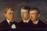 Kunstnerne Ludvig Find, Gad Fr. Clement og Carl Frydensberg ses i et mystisk mørkt rum i Rohdes gruppeportræt af hans tre kollegaer.&nbsp;