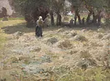 Maleriet med kvinden, der vender hø, står viberende og skarpt. Det er et studie til et større maleri fra 1888, der forestiller Ecouen nord for Paris.