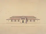 Storcks udkast til facaden med de sprossede ruder, som blev ændret i det endelige byggeri. Tegninger til museet blev udstillet i 1902, da Hirschsprung viste samlingen for offentligheden på Charlottenborg.