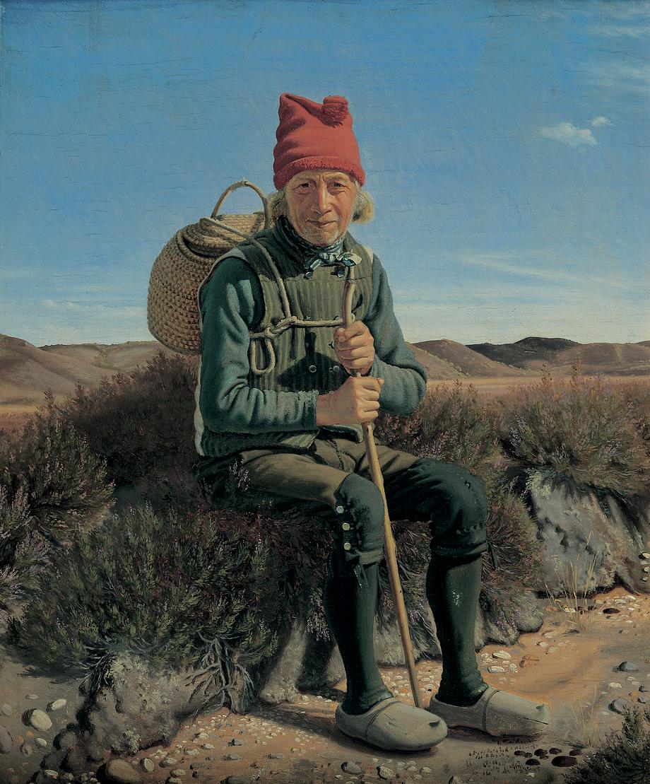 In this 1851 painting, Fr. Vermehren depicts a figure that could be found only in thinly populated areas: an itinerant bread seller. He is shown here taking a moment’s rest on the Jutland moors. 

