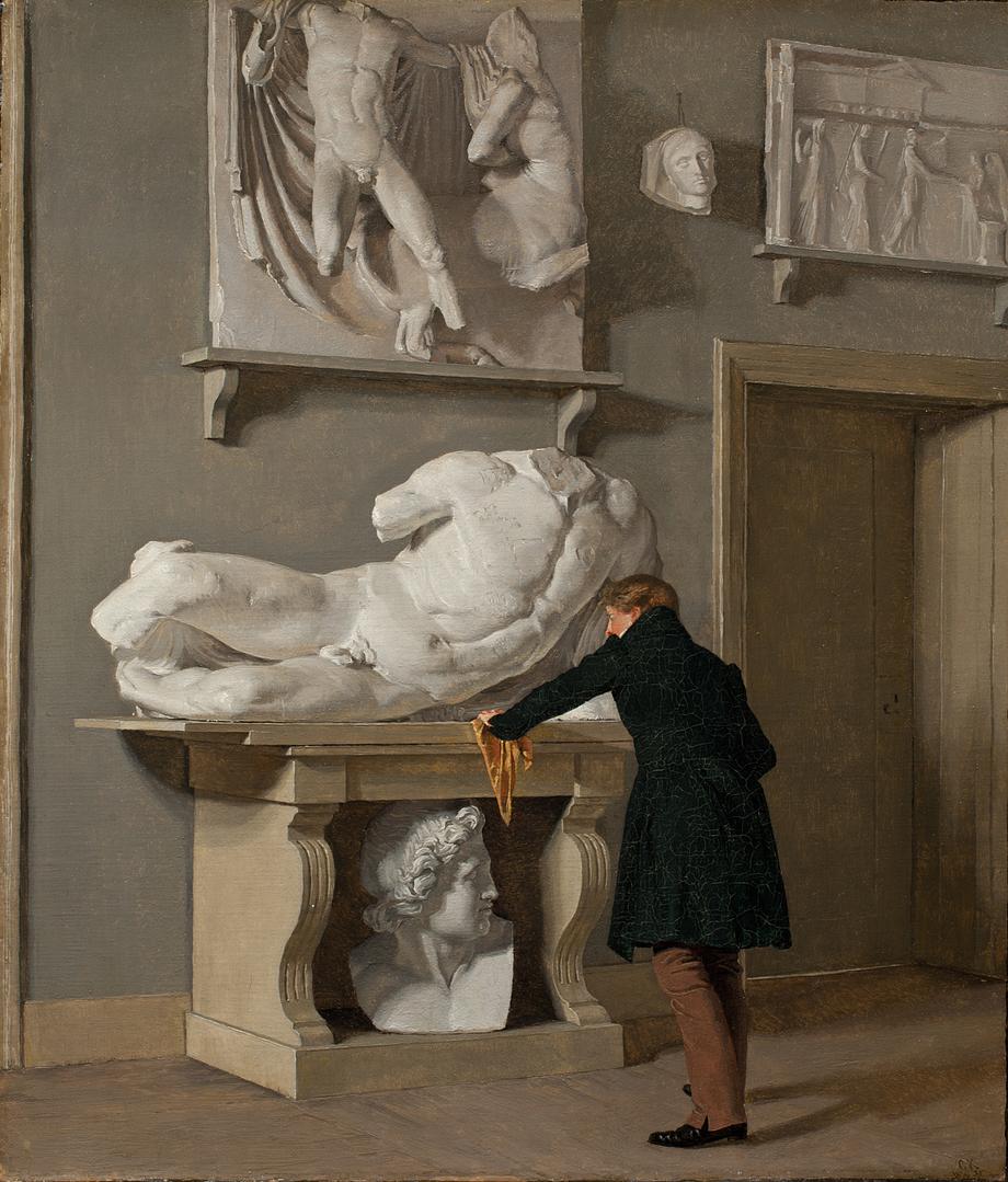 The artists of the Golden Age often looked to their own everyday life for subject matter.  Here, Christen Købke has painted ’From the plaster cast collection at Charlottenborg’ in 1839. The cast collection was a regular haunt for him during his time as an art academy student. 

