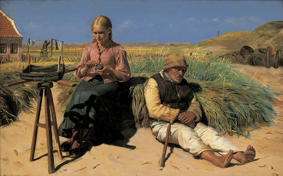 Michael Ancher: ’Figurer i et landskab. Blinde Kristian og Tine i sandet' 1880. Den Hirschsprungske Samling.
