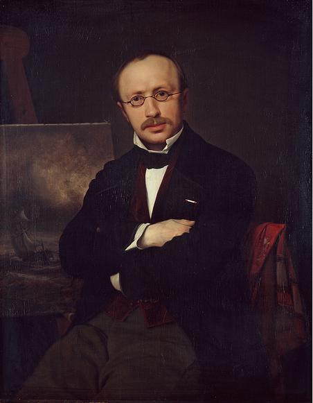 Ditlev Blunck, one of the ‘Europeans’, painted this portrait of marine painter Anton Melbye around 1852. Behind Melbye we see one of the dramatic marines that made him a star abroad, but which did not find favour among Danish art critics. 

