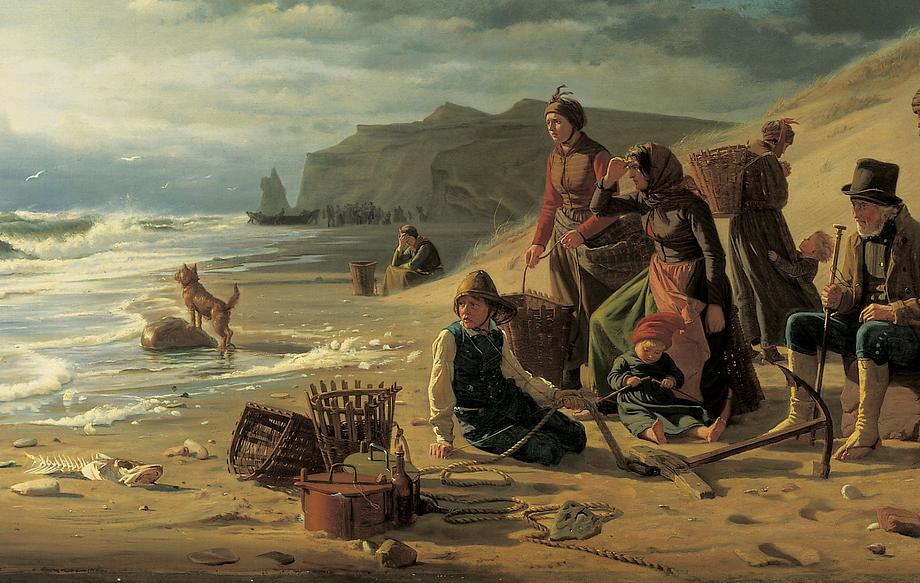 Carl Bloch:  Fiskerfamilier, som venter deres mænds hjemkomst ved et frembrydende uvejr. Jyllands vestkyst. 1858, olie på lærred, Den Hirschsprungske Samling.

