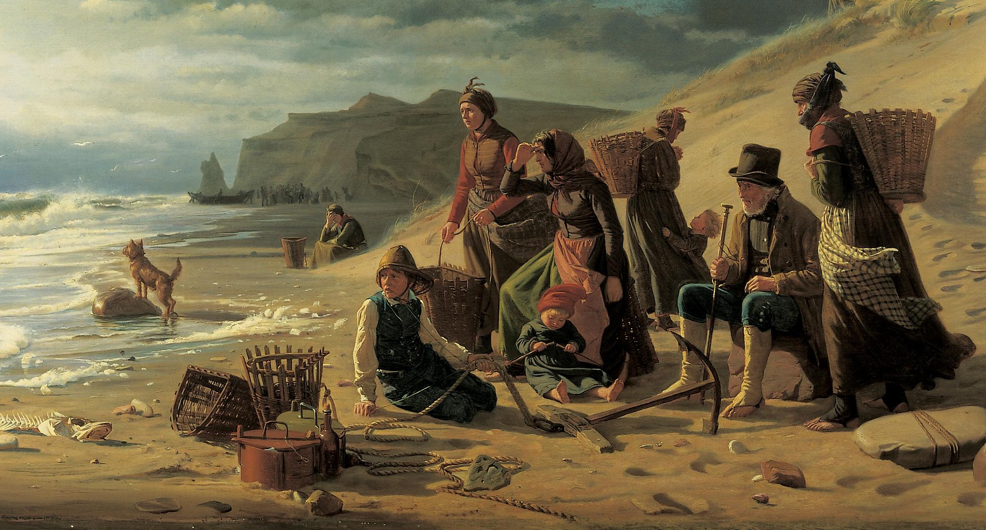 Carl Bloch: 'Fiskerfamilier, som venter deres mænds hjemkomst ved frembrydende uvejr. Fra Jyllands vestkyst', 1858
