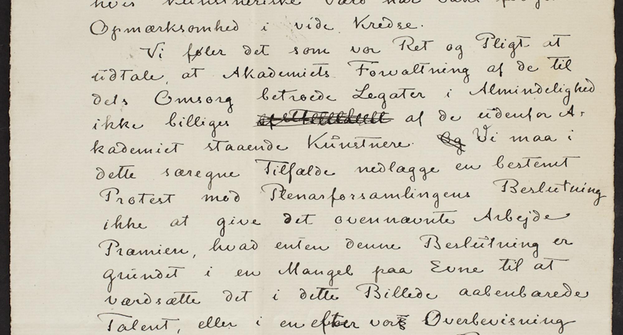 Protestskrivelse til Kunstakademiets Plenarforsamling 9. maj 1885, underskrevet af 41 kunstnere. Den Hirschsprungske Samlings brevarkiv.
