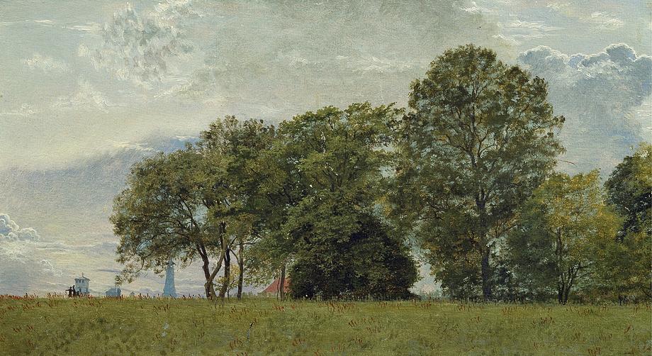 The scene looks rural, but the towers of Copenhagen can be seen on the horizon. Christen Købke painted scenes from his childhood haunts at the Citadel (Kastellet) in this painting from around 1833. 
