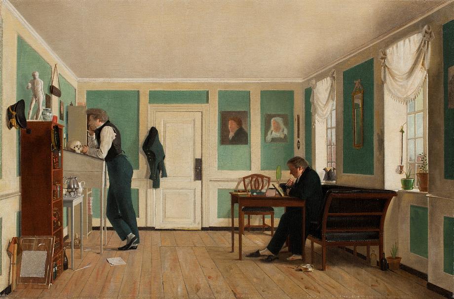 Bendz would often uses members of his family as models. Here we get a glimpse of life in a bachelors’ flat in Copenhagen around 1829 – right in the middle of the Golden Age. Bendz shared the flat in Amaliegade with two of his brothers. 
