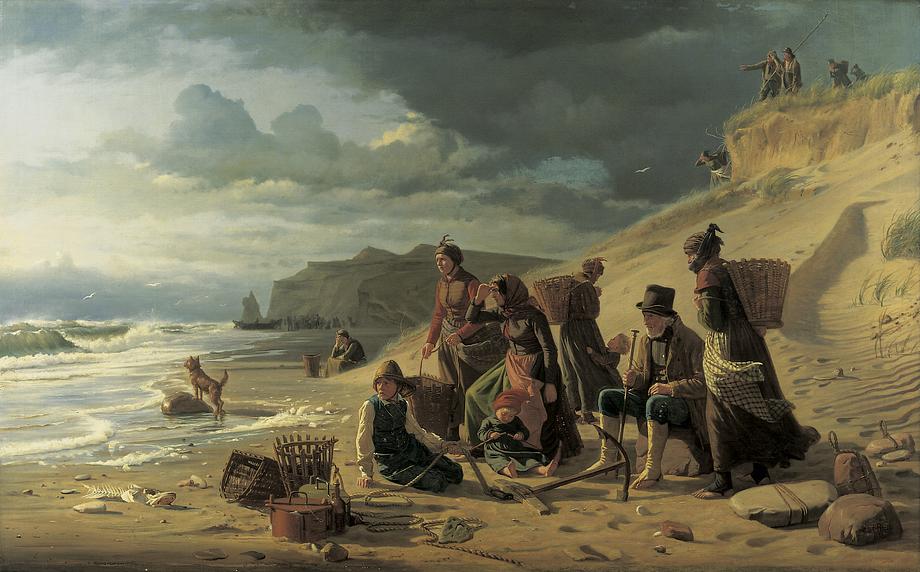 Carl Bloch blev også regnet som en af de europæiske outsidere. Her han han malet et storladent og dramatisk motiv af fiskerfamilier, der venter på deres mænds og fædres hjemkomst.
