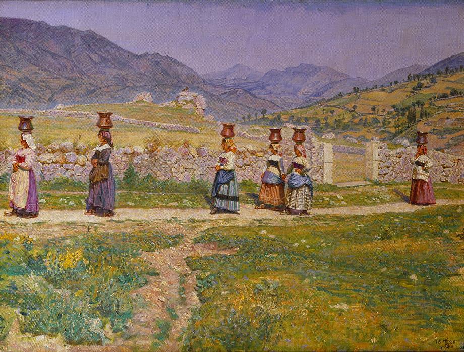 The artist Kristian Zahrtmann lived in the mountain village of Civita d’Antino for long periods at a time, and Danish fellow artists such as P.S. Krøyer and Joakim Skovgaard also came for long visits. Here, Zahrtmann has painted a folk scene from the village in 1889.
