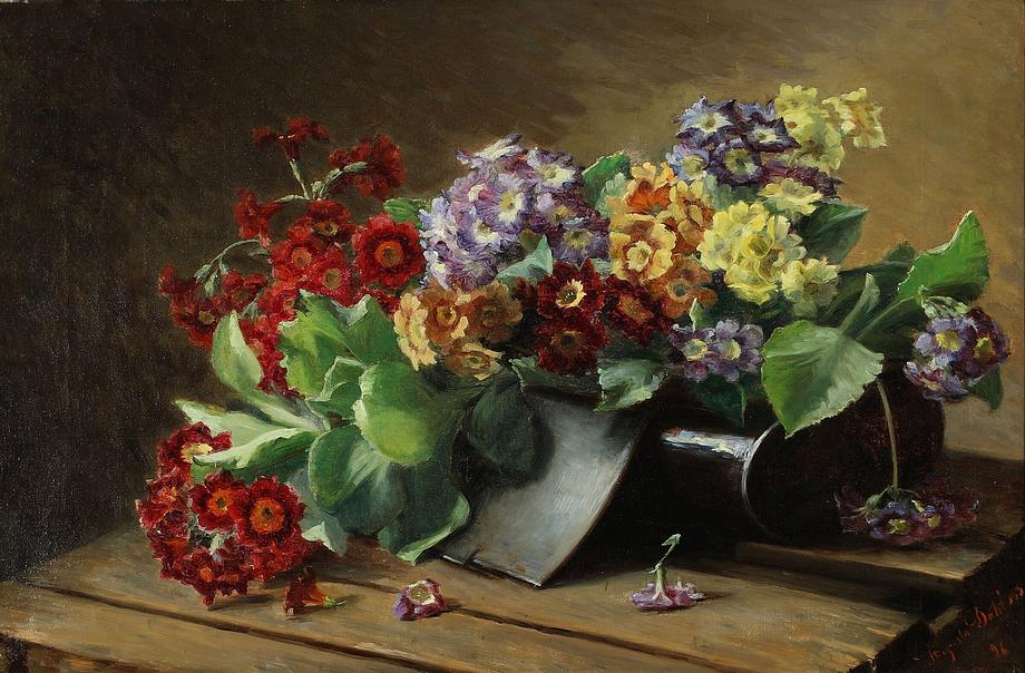 Augusta Dohlmann var især berømt for sine raffinerede blomsterbilleder. I maleriet fra 1896 har hun foreviget en gruppe farverige Aurikler i en botaniserkasse.
