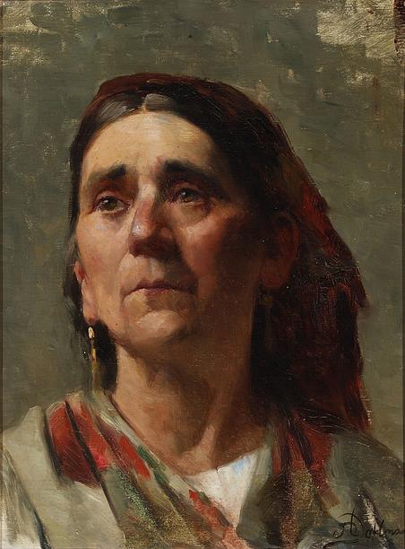 I 1891 malede Augusta Dohlmann dette udtryksfulde portræt af en italienerinde med rødt hovedtørklæde og øreringe. Kvindens ansigt er halvt i skygge, halvt oplyst. Med sammenlukket mund og rynkede bryn vender hun blikket mod venstre.
