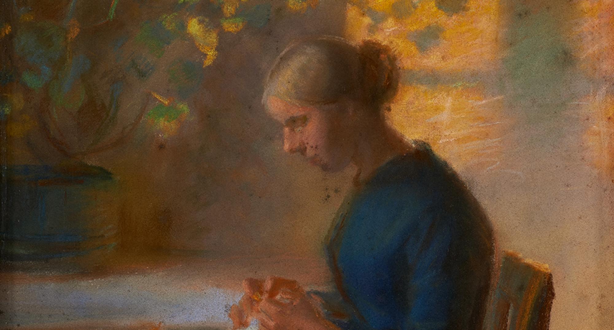 Anna Ancher: 'Pige der syr', (før 1902). Pastel på papir
