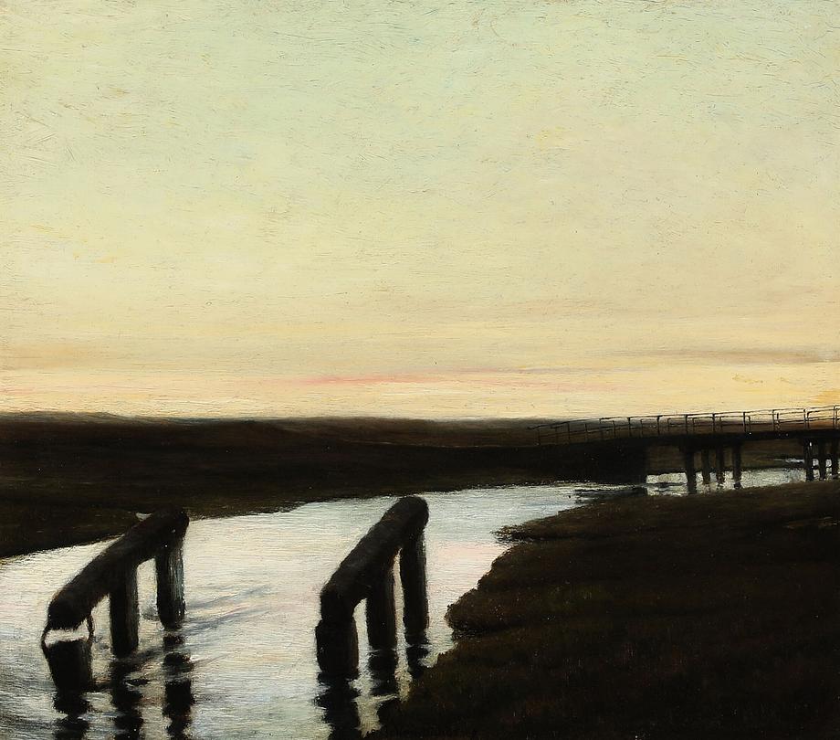Johan Rohde: ’Aften ved Karup Å’, 1889. Den Hirschsprungske Samling. Åen snor sig som et bånd af sølv gennem landskabet. 
