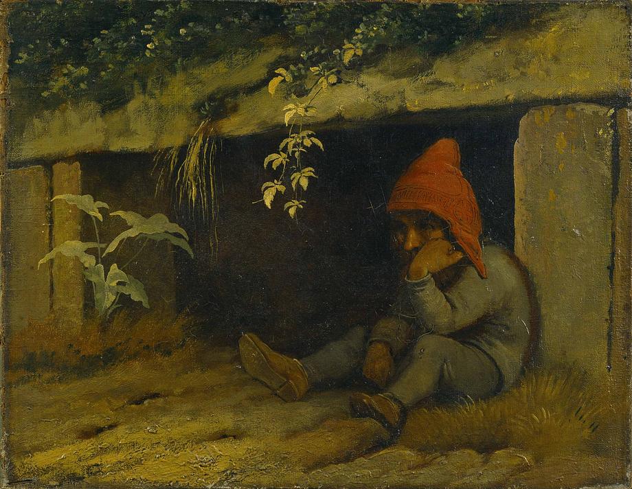 J.Th. Lundbye malede og tegnede ofte bakketrolden, Sindre. Trolden var Lundbyes alterego, og værket her er derfor et portræt af kunstneren selv. Værket hedder 'Bakketrolden Sindre uden for sin hule. Selvportræt' og er malet i 1845.
