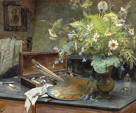 Bertha Wegmann. 'Arrangement with field bouquet and the artist's palette', approx. 1882, The Hirschsprung Collection.
