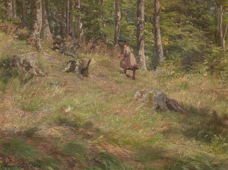 Emilie Mundt: 'Lot from a forest clearing with playful children', 1890. Den Hirschsprungske Samling
