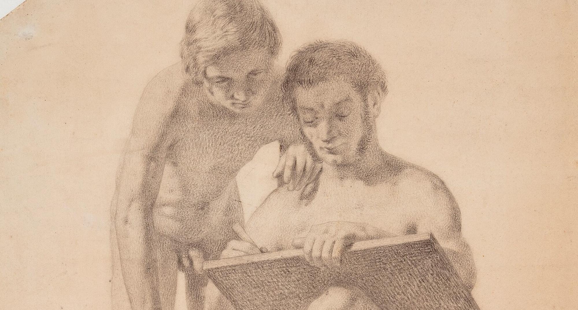 Jørgen Roed: 'Modelgruppe med siddende mand med tavle og stående dreng', 1833. Den Hirschsprungske Samling.
