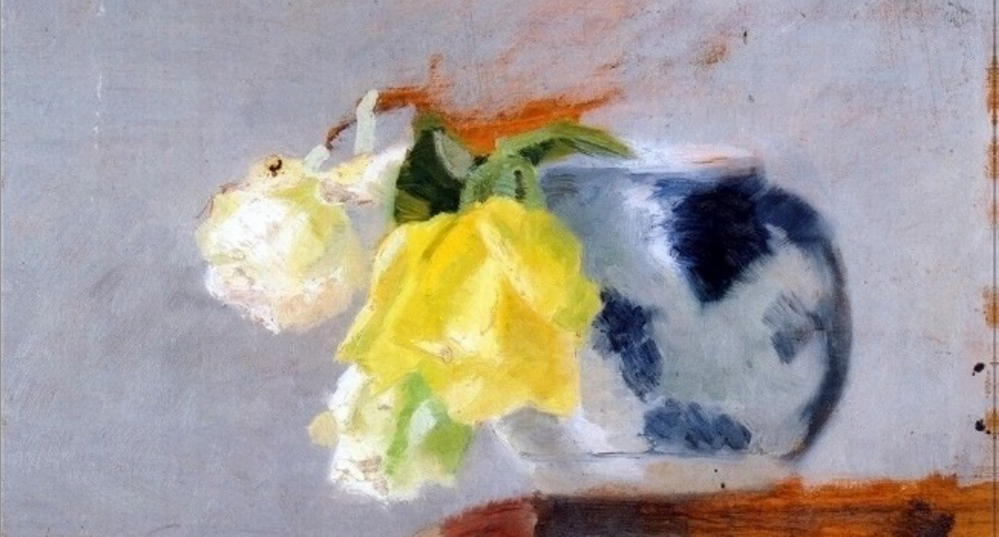 Marie Krøyer: 'Roser i blåmønstret vase', 1890, privateje.
