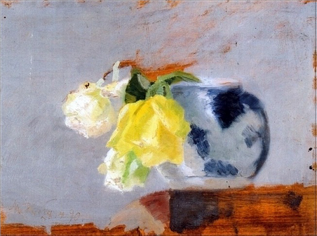 Marie Krøyer: 'Roser i blåmønstret vase', 1890, privateje.
