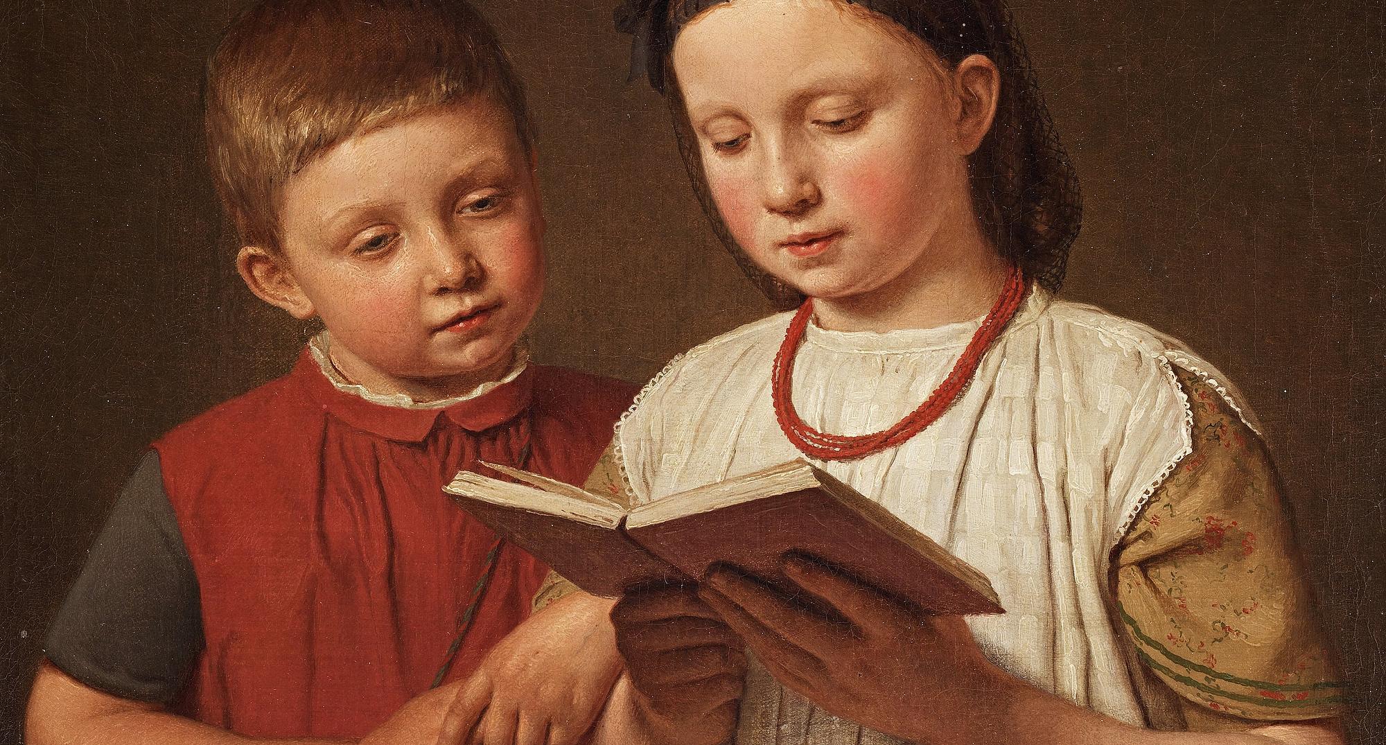 Christen Købke (1810-1848): To læsende børn. Kunstnerens søn Peter og søsterdatter Cecilie Feilberg, gift Gottlieb, 1845.
