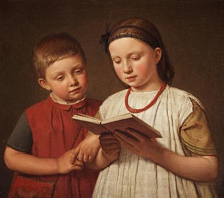 Christen Købke (1810-1848): To læsende børn. Kunstnerens søn Peter og søsterdatter Cecilie Feilberg, gift Gottlieb, 1845. 
