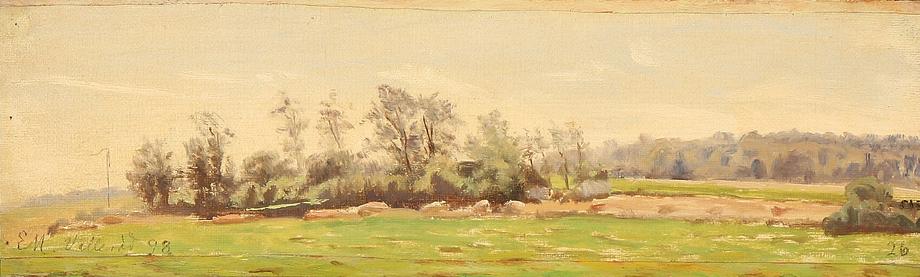Dated 1898, Emilie Mundt’s small oil study ‘Landscape at Vallerød’ depicts a Zealand landscape in springtime.
