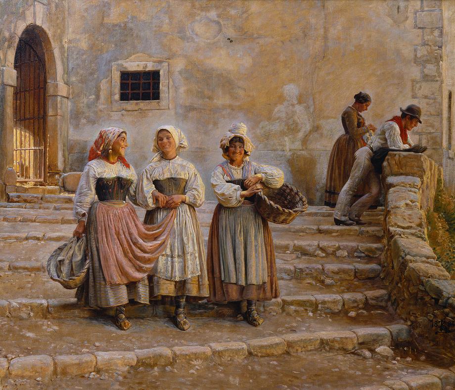 Kristian Zahrtmann: 'Piger, som bærer kalk. Civitá d’Antino'. 1883. De tre smilende kvinder kommer gående ned ad trappen fra Cività d'Antinos indgangsport. Billedet er Zahrtmanns allerførste maleri fra den italienske bjergby, der siden kom til at udgøre hans andet hjem.
