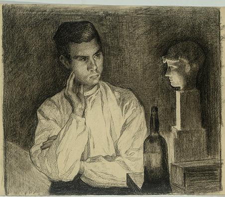 Museet ejer nu denne kul- og blyantstegning skabt af Johan Rohde, hvor en mand sidder i et letoplyst rum og betragter en buste.
