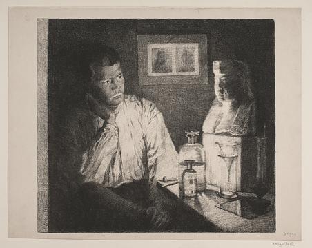 The drawing is presumably a design for Rohde’s lithograph ‘Man regarding a bust’ from 1894. The lithograph shown here is the property of the National Gallery of Denmark. Photo: SMK.
