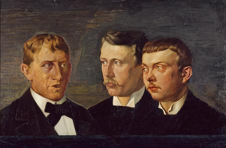 Kunstnerne Ludvig Find, Gad Fr. Clement og Carl Frydensberg ses i et mystisk mørkt rum i Rohdes gruppeportræt af hans tre kollegaer. 
