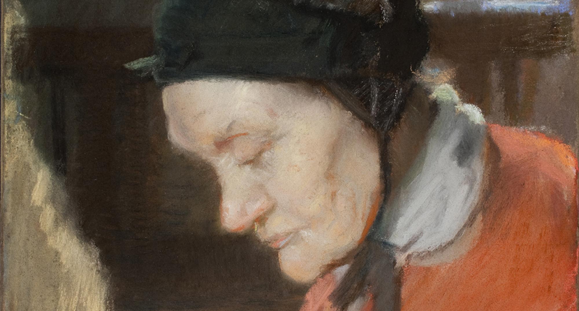 Anna Ancher: Gammel kone ved sin rok, 1886-87. Pastel på lærred. Den Hirschsprungske Samling
